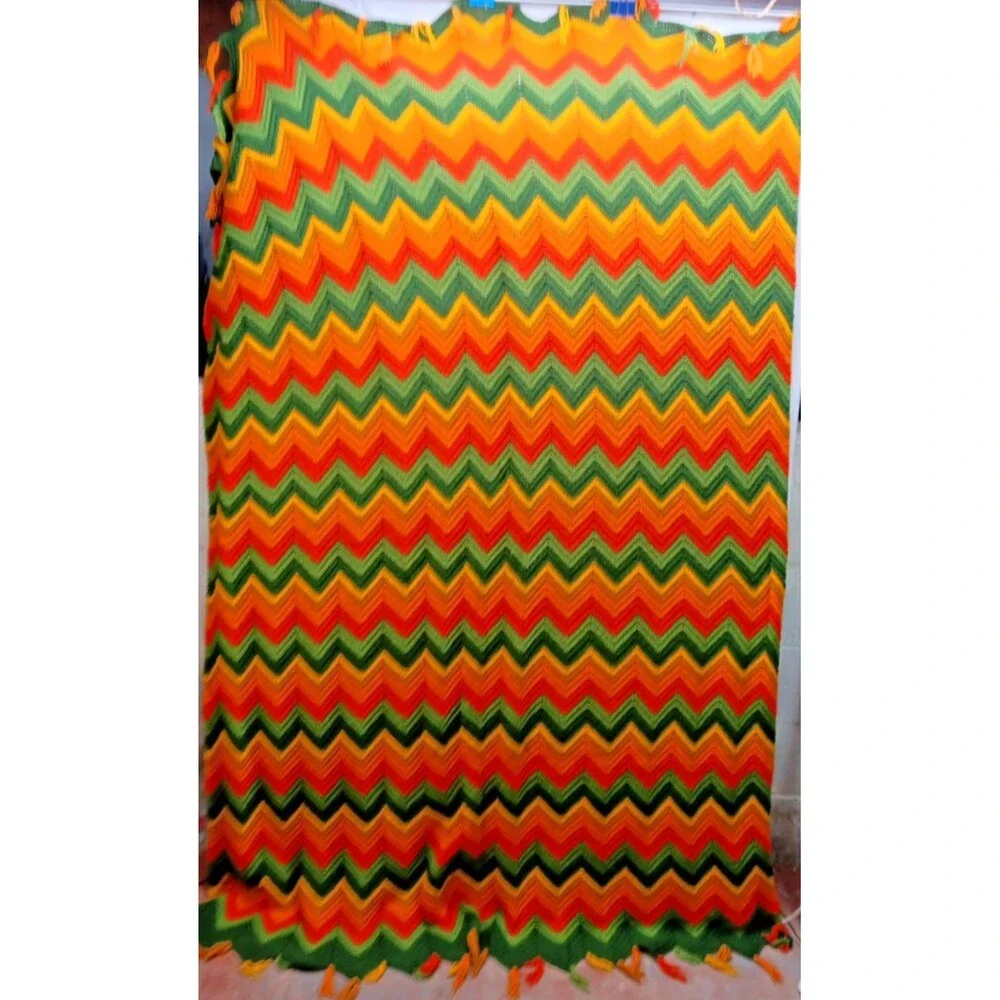 Vintage Zig Zag Chevron Afghan 70s Style Crochet 51” x 84”
